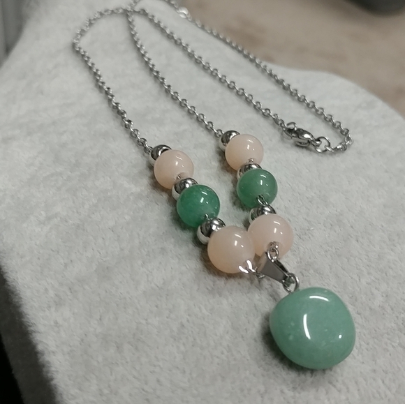 Aventurine Necklace Natural Gemstone Pendant Beads Stainless-Steel Green & Peach - Picture 10 of 17
